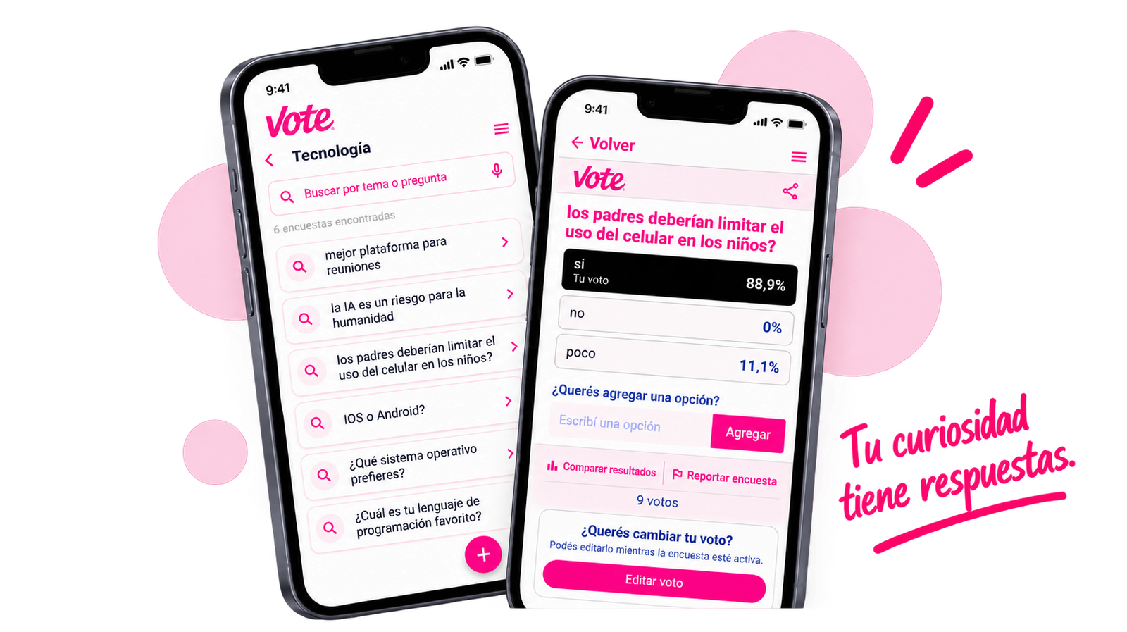 VOTE en dos teléfonos, con una lista de encuestas y sus resultados